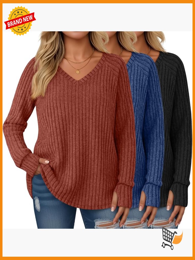 Women's Plus Size 3-Pack Tunics Long Sleeve Thumb Hole Ribbed V-Neck Loose Fall